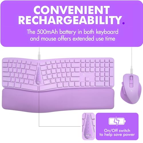 X9 Ergonomic Keyboard and Mouse Wireless Combo - Purple Keyboard and Mouse Wireless, Bluetooth/2.4G Split, Wrist Rest, Rechargeable, Silent Ergo Keys - PC, Mac, iOS, Android by X9 Performance - Image 5