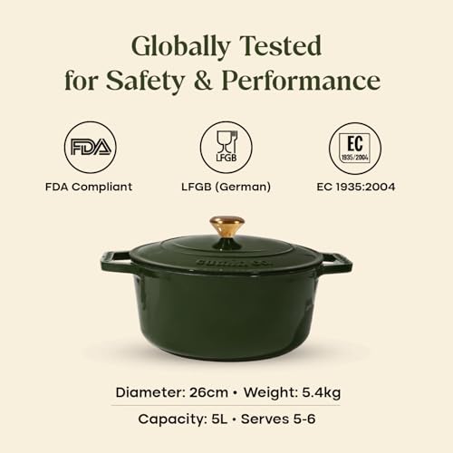 Image of CUMIN CO. Cast Iron Dutch Oven 5L, 26 cm | Induction Base Cookware | 10 Years Warranty | Non Toxic Non Stick Biryani Pot with Lid | Heavy Bottom | Chemical Free Coating | Free Accessories | Green