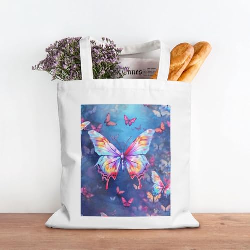 (Colorful Butterfly) Reusable Canvas Tote Bag For Women Shoulder Bag For Shopping Grocery Beach Travel Work3