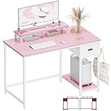 Pamray 39 Inch Computer Desk with Monitor Stand Small Home Office Desks with Non-Woven Storage Drawer for Bedroom Study Table Writing and Work Desk Pink