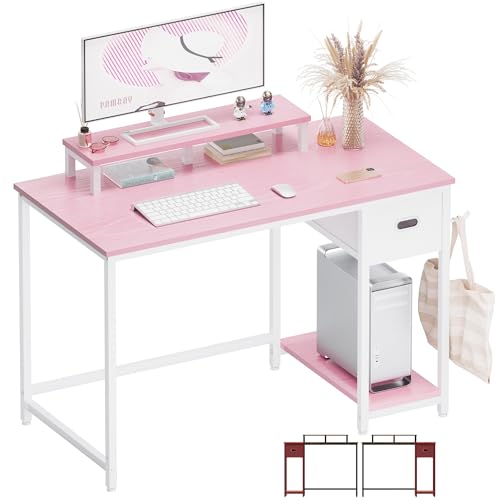 Image of Pamray 39 Inch Computer Desk with Monitor Stand Small Home Office Desks with Non-Woven Storage Drawer for Bedroom Study Table Writing and Work Desk Pink