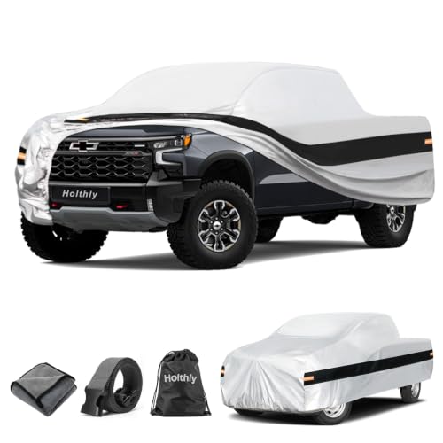 Image of 10 Layers Truck Cover Waterproof All Weather Custom Fit Chevrolet Silverado 1500(1998-2026) Extended /Crew Cab Short Bed, Outdoor Full Exterior Pickup Car Cover Sun Rain Snow Protection. Sliver