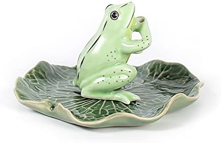 Frog on Lotus Leaf Incense Holder – Ceramic Incense Stick Burner with Ash Tray – 4″ Porcelain Lotus Leaf for Jewelry Catchall and Figurine Display – Perfect Cute Mini Gift (Green Frog & Lotus Leaf)