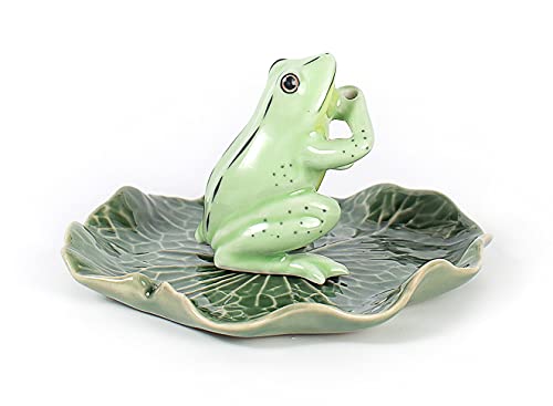 Frog On Lotus Leaf Incense Holder - Ceramic Incense Stick Burner With Ash Tray - 4" Porcelain Lotus Leaf For Jewelry Catchall And Figurine Display - Perfect Cute Mini Gift (Green Frog & Lotus Leaf) #TOP8