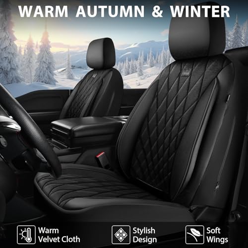 Image of CAR PASS Luxury Faux Leather Car Seat Covers Front Seats, Breathable Soft Velvet Premium Automotive Seat Covers 2 Pack, Armrest Airbag Compatible Universal Fit for Most Sedan SUV Van Truck, Black