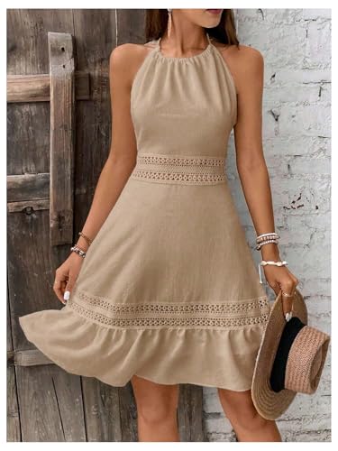 Image of Floerns Women's Contrast Lace Sleeveless Halter Dress Backless Vacation A Line Dress
