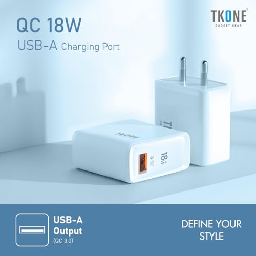 Image of TKONE Rapid 18W Fast Charging Adapter, USB A, for iPhone 17 /16 /15 /14 /13 /12 Series, Samsung Galaxy S25 /S24 /S23, OnePlus, Nothing & Others (White)