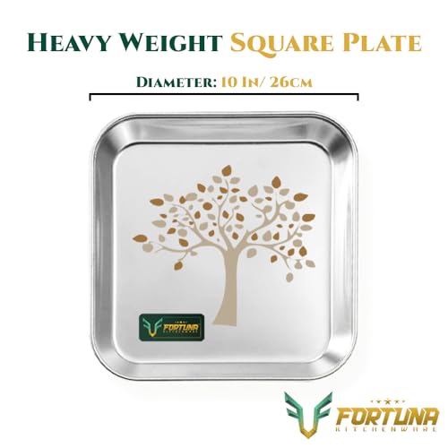 Image of Stainless Steel Plates Set of 6 | Square Plates | Breakfast /Lunch /Dinner Plates Set of 6, Diameter: 8 Inches (Plain) (10 Inches, Laser Print)