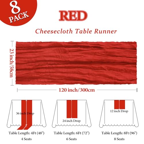 8 Pack Red Table Runner Cheesecloth 10Ft Gauze Cheese Cloth Table Runner 120 Inch Boho Sheer Rustic Fabric for Party Decor Baby Shower Wedding Holiday Decorations by Heneger - Image 2