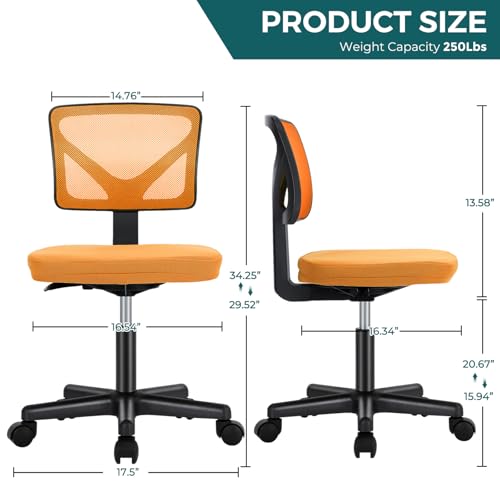 Image of DUMOS Armless Office Chairs with Wheels, Ergonomic Adjustable Home Desk Swivel Rolling Task Chair No Arms, Comfy Mesh Mid Back Computer Work Vanity Desk Chairs for Small Spaces, Orange