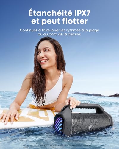 Soundcore Boom 2 Plus Enceinte Bluetooth puissante, 140W, 2+2 canaux stéréo, BassUp 2.0,Charge Rapide 30W, 20h, IPX7, lumières RGB, USB-C, pour l'extérieur, Le Camping, la Plage et Le Jardin