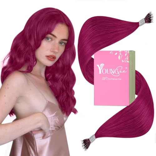 Image of YoungSee Nano Tip Hair Extensions Magenta 20 Inch Nano Human Hair Extensions Burgundy Nanobead Hair Extension Human Hair Colorful Hair Extension Nanoring Colored for Role Playing 25 Strands 25g