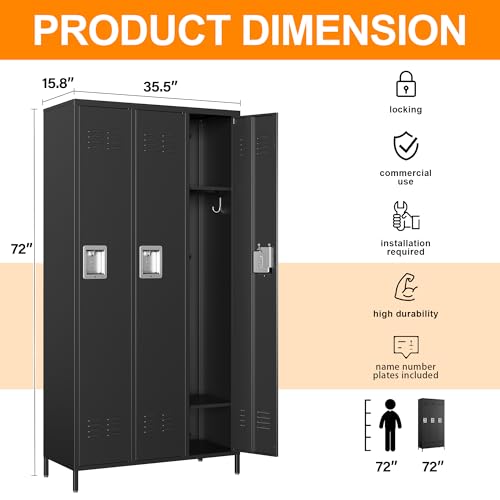 Image of Metal Locker Storage Locker, 72 inch Lockable Lockers for Employees, Home, Office, School, Assemble Required (Black-Big 3 Doors)