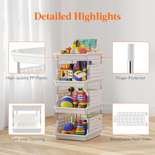 Image of JD Fresh 4 Tier Plastic Storage Drawer Organizer /Stackable Kitchen Organiser Rack /Breathable Design Shelf Storage Stand /Multipurpose Storage Rack for Kitchen, Office, kids room and Pantry (White)