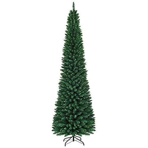 Dreamade 9Ft Artificial Pencil Christmas Tree, Unlit Slim Xmas Pine Tree W/ 1500 Pvc Branch Tips, Metal Foldable Base, Ideal For Holiday Home Office Party Decor, Green #TOP23