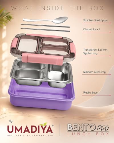 Image of Sanghariyat Bento Pro Lunch Box 710ml, 3 Compartment Stainless Steel Lunch Box with 100% Leak-Proof, BPA-Free Food-Grade Lunch Container with Spoon & Pair of Chopsticks for School Girls Kids - Purple