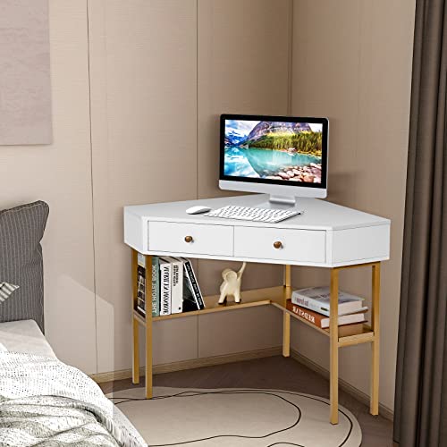 Ifanny Corner Desk With Drawers, 90 Degrees Triangle Desk W/Storage Shelves And Metal Frame, Corner Writing Desk, Corner Makeup Vanity Table, Small Corner Desks For Small Spaces (Gold) #TOP2