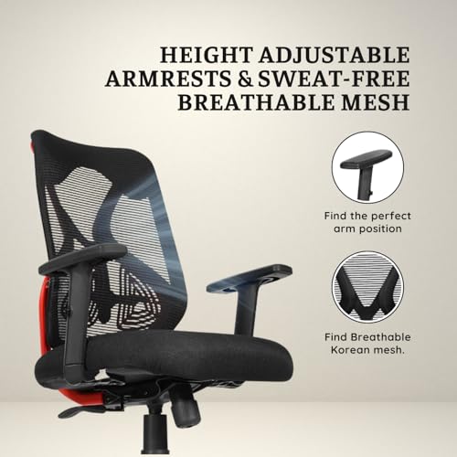 Image of activa Hector Ergonomic Office Chair | Mesh Computer Chair with 2D Armrest | Adjustable Headrest & Lumbar Support | Executive Revolving Desk Chair for Workspace /Computer Desk (Red Black,Mid Back)