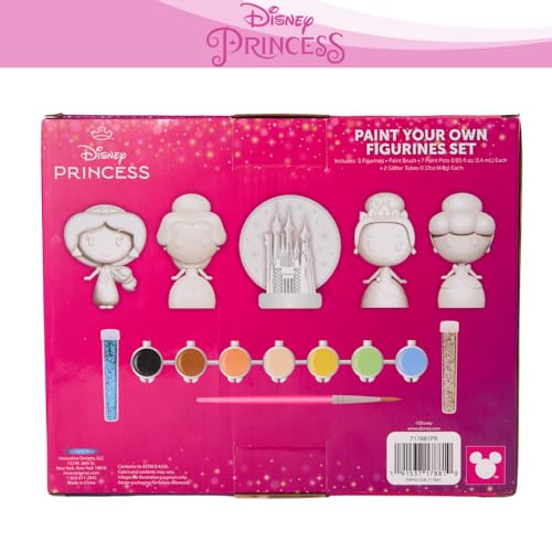 Innovative Designs Disney Princess DIY Paint Your Own Figurines Arts and Crafts Set for Girls, Paint, Paint Brush, and Glitter – Cinderella, Belle, Tiana, Jasmine, and Princess Castle