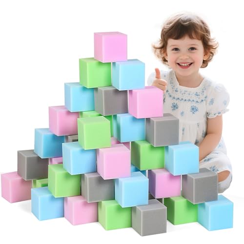 FUBOTRAD 48PCS Kids Foam Blocks for Ball Pit - 3 Square Foam Blocks and Foam Cubes for Foam Pit Soft Play Equipment Toddler Gymnastics & Parkour Equipment - Blue/Pink/Green/Grey