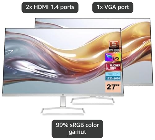 Image of HP 2026 27sw Monitor 2 Pack 94F46AA#ABA - 27 inch IPS Display - Flicker-Free Technology - Silver