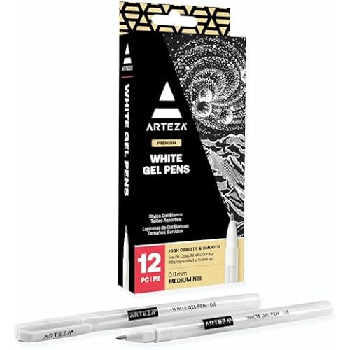 ARTEZA White Gel Pens Set, Pack of 12, White Rollerball Pens for Drawing and Writing, White Gel Pens for Artists