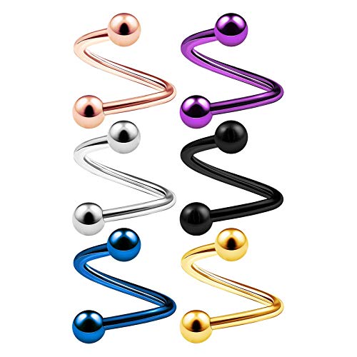 KJM FASHION Lot de 6 boucles d'oreilles 3862 en acier chirurgical anodisé 316 L Twister 1,2 mm calibre 16 8 mm 5/16 pouces 3 mm Boule Cartilage Tragus Helix Lip Cover