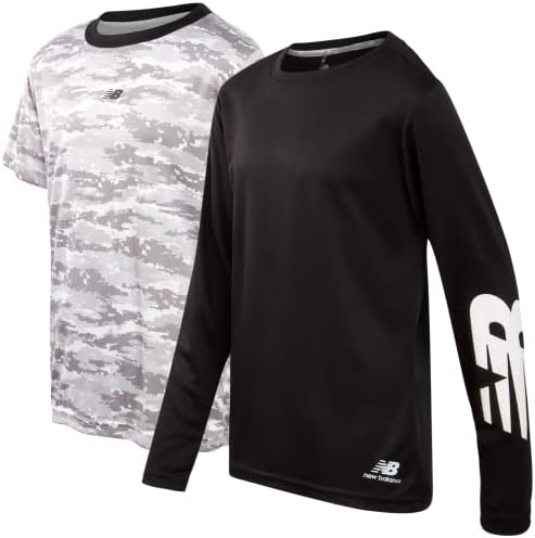 New Balance Boys' Athletic T-Shirt - 2 Pack Active Performance Dry-Fit Sports Short and Long Sleeve Shirt (8-20), Size 14-16, White Camo/Grey