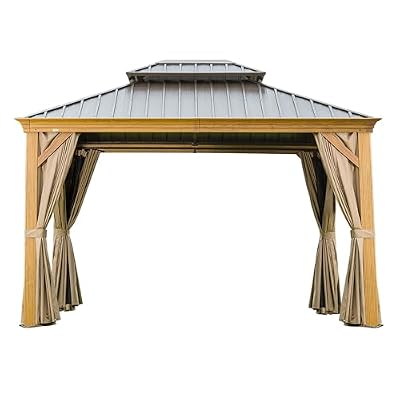 TREATLIFE HOME 10'x12' Hardtop Gazebo for Outdoor Relaxation, Durable Wooden Coated Aluminum Frame with Double Roof and Privacy Curtains