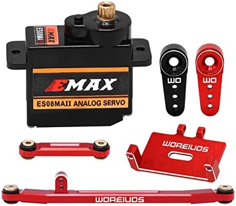 WOAEIUOS RC Servo EMAX ES08MAII Analog Servo 12G Steering Servo with Servo Mount Bracket and Arm and Steering Link Set for Axial SCX24 Upgrade Parts (Red)