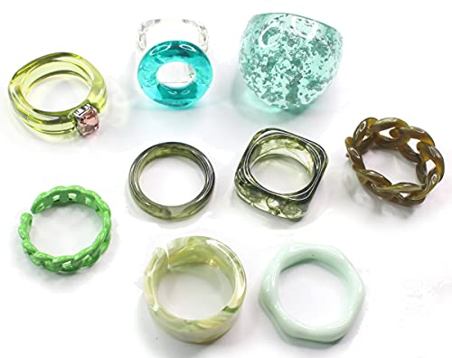 Little star shop Indie Collocation Totally Different From Other Brand Chunky Rings Colorful Trendy Smile Face Resin Aesthetic Acrylic Plastic Evil Eye Cute Candy Crystal for Women Teen Girls Rhinestone Gem Y2K Stacking Square Transparent Dark Brown Purple Blue Brown Beige Black White Rings Jewelry