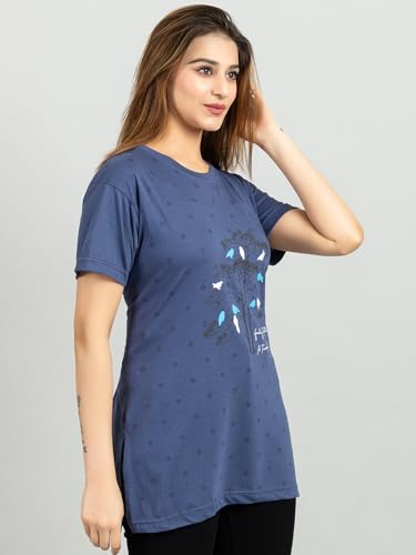 Image of Magknit Fancy Printed Both Side Cut Cotton Blend Half Sleeves and Lightwiegt Trendy Summer Long T Shirt for Women