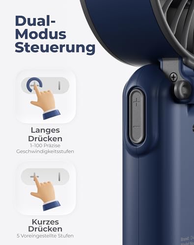 Diveblues Handventilator Tragbarer Turbo-Ventilator mit 100 Stufen und 7,4m/s Starkem Luftstrom, 180° Faltbarer 4-in-1 Mini-Ventilator für Hand, Hals und Tisch, Aufladbar für Sommer, Reise und Outdoor