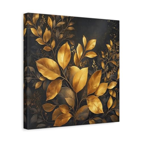 Toile de luxe feuilles d'or et châssis de 3 cm pour salon contemporain
