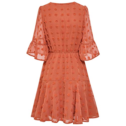 Vestido feminino casual com decote em V, cor lisa, cintura e manga curta com fenda, Laranja, M