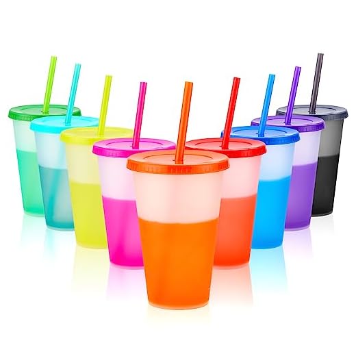Echify Tazas con Tapas y Pajitas - Paquete de 9 16 oz Tazas Mágicas que Cambian de Color Taza de Café Helado a Granel Taza de Viaje Vaso de Plástico Reutilizables para Fiestas Niños y Adultos