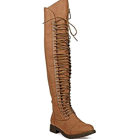 SHOEDEZIGNS Travis 05 Women Military Lace Up Thigh High Combat Boot Camel Nubuck 5.5 Cover