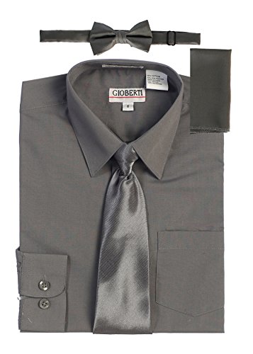 Image of Gioberti Boy's Long Sleeve Dress Shirt + Solid Tie, Bow Tie, and Hanky