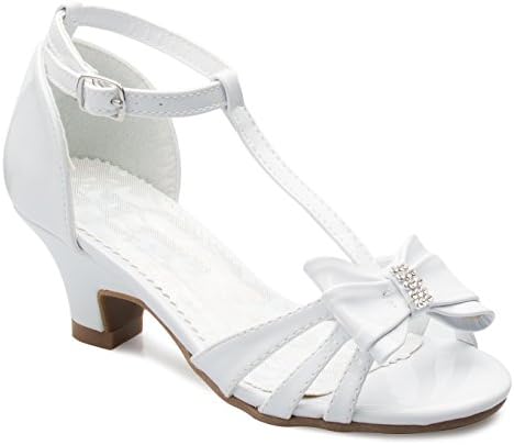 Olivia K Girl's Glitter Leatherette Open Toe Strappy Ankle T Strap Kitten Heel Sandal (Toddler/Little Girl), White Pat Y3