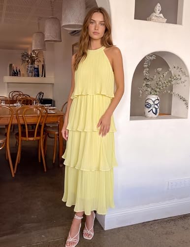 Image of ZESICA Women's 2026 Summer Sleeveless Halter Neck Ruffle Tiered Layered Chiffon Flowy Swing Long Midi Dress