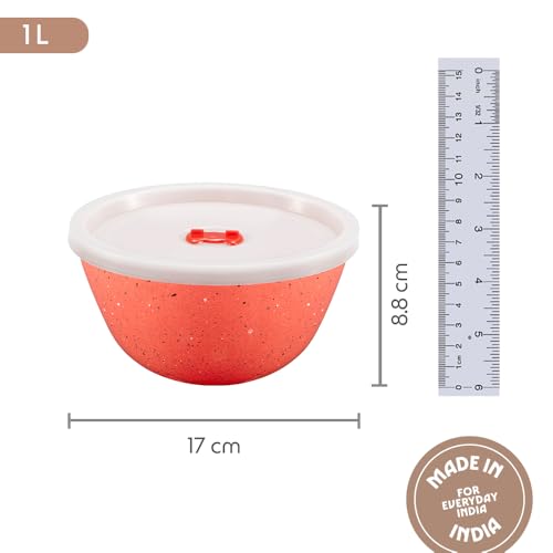 Image of Borosil 1 L Kube Pink Serving & Mixing Bowl with Lid | Made in India Borosilicate Glass Bowl for Kitchen & Dinning | Bowl for Mixing Dough, Salad, Batter | Microwave & Dishwasher Safe