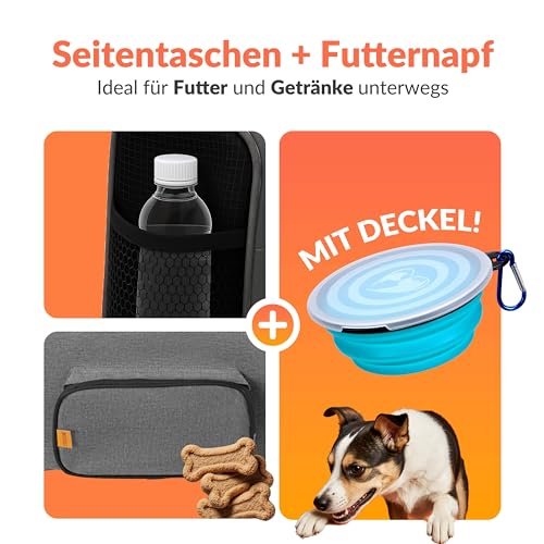CADOCA® Transportbox Katzen bis 20kg faltbar Sonnen- und Regendach Schultergurt mit Napf Atmungsaktiv Komfortabel Wendekissen Haustier Katzenbox Tragetasche Hunde Auto Grau