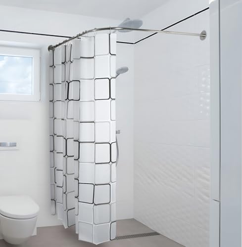 MYOYAY Duschvorhangstange Verstellbare L Form inkl. 18 Ringe Dusche, 90-130cm Einstellbare Dusche Vorhangstange Ecke mit Duschvorhänge, Edelstahl Duschvorhangwinkelstangen Erweiterbar Badewanne