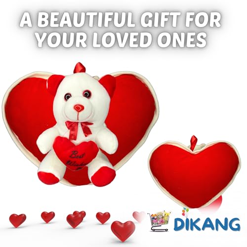 Image of DIKANG Red Teddy Bear with Heart Pillow for Valentine's Day Gift | Valentine Gift for Boyfriend /Girlfriend /Husband /Wife (25 CM, Off White & RED)
