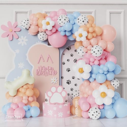 Image of 190Pcs Blue Balloon Garland Arch Kit,Dog Paw Birthday Party Decorations | Pastel Pink Blue Balloons White Daisy Balloons with Bone Foil Balloons for Baby Shower Blue Puppy Party Decorations