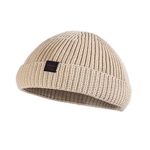 DASMINI Fisherman Beanie Hats for Men Women,Knit Trawler Rollup Edge Skull Cap,Watch Cap,Docker Beanie Spring Fall Short Mini Hats (Beige, Size M)