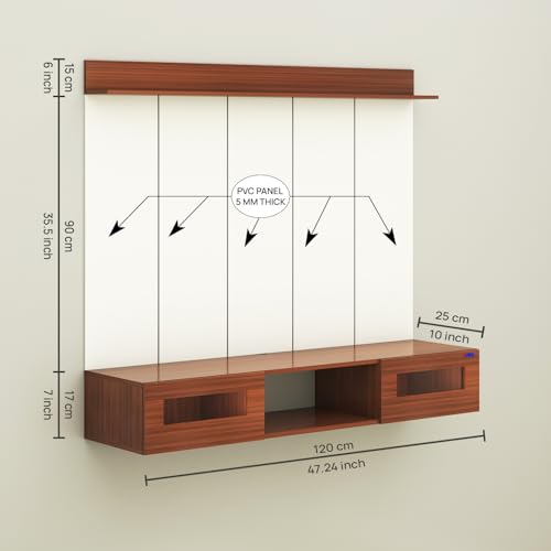 Image of Anikaa Orilo Wall Mounted PVC Back Panel TV Unit with Spot & Blue Ambient LED Light - Acrylic Storage Box, Display Shelf & Soft-Close Hinges | Ideal for UP to 50 Inch TV (Walnut - DIY Installation)