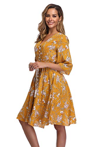 Image of VintageClothing Women's Floral Sundresses Flowy Boho Summer Beach Dress | Lightweight Breathable material,Elegant V Neck and Button Front Design,Flared Bell Sleeve Cut,Mini Casual dress