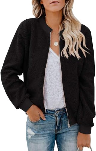 Eurivicy Women Fleece Jacket Winter Bomber Long Sleeve Faux Sherpa Fuzzy Casual Zip Up Coat Pocket A-Black