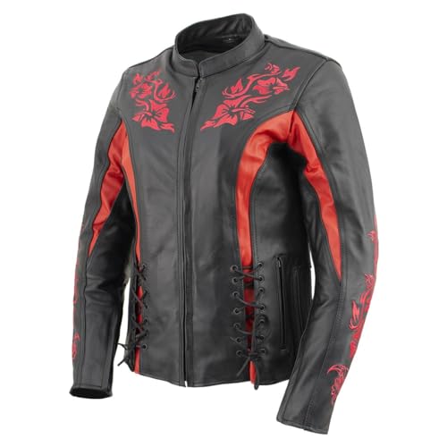 Xelement Women's Leather Motorcycle Jacket - Red and Black Armored Street Bike Jacket for Women - XS2029 (Large)